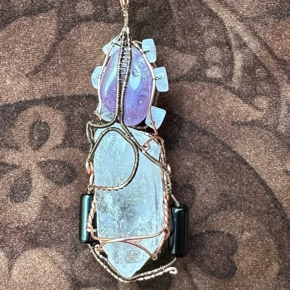 Handmade copper wire wrap pendant necklace gemstone quartz moonstone onyx - Picture 6 of 10